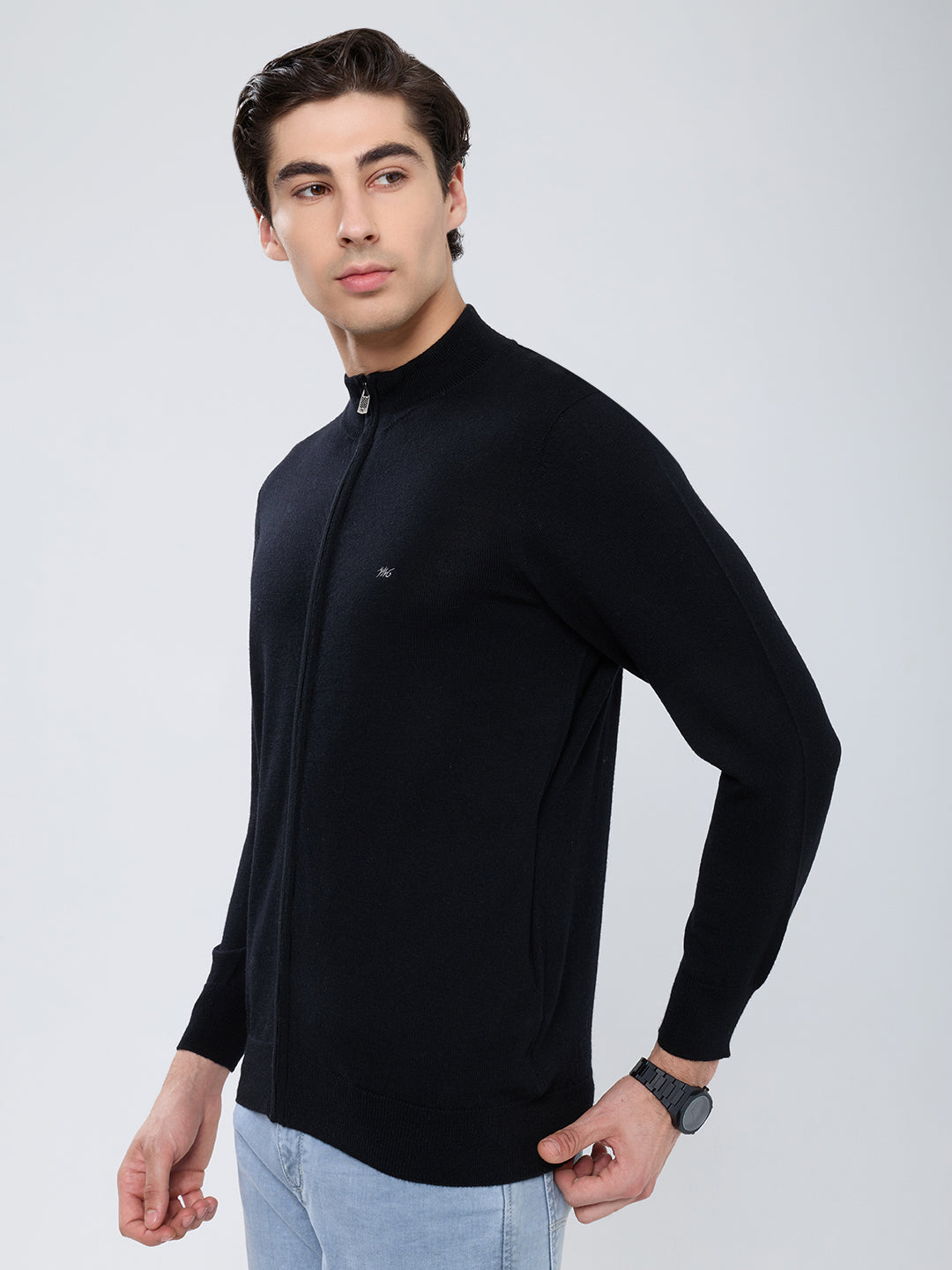 Men Black Solid High Neck Full Sleeve Pullover