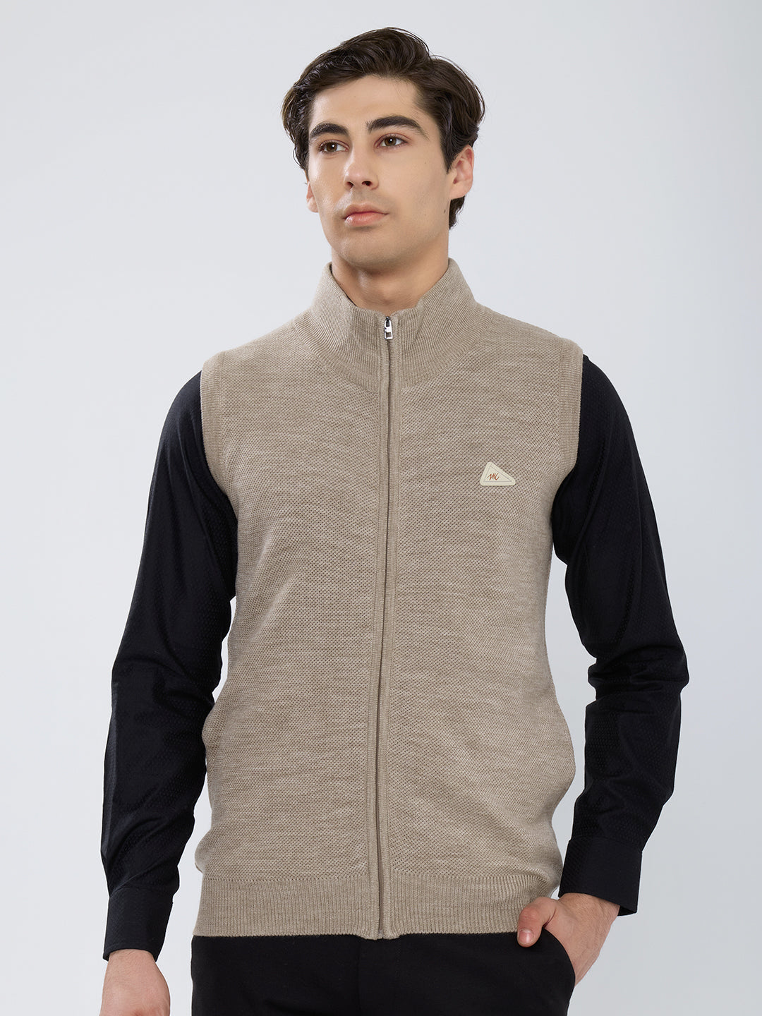 Men Beige Solid Collar Sleeveless Sweater