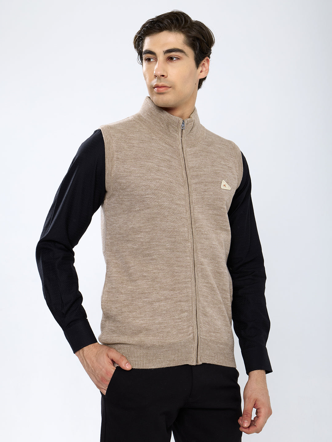 Men Beige Solid Collar Sleeveless Sweater