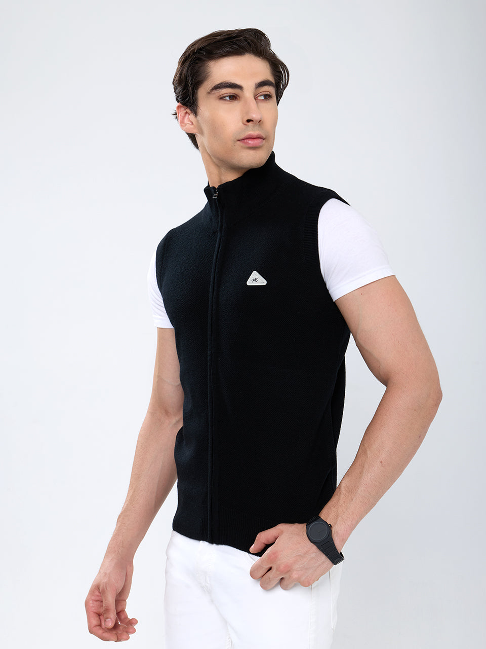 Men Black Solid Collar Sleeveless Sweater