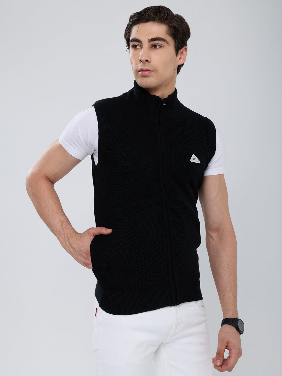 Men Black Solid Collar Sleeveless Sweater