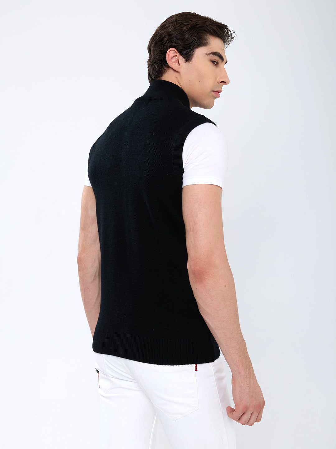 Men Black Solid Collar Sleeveless Sweater