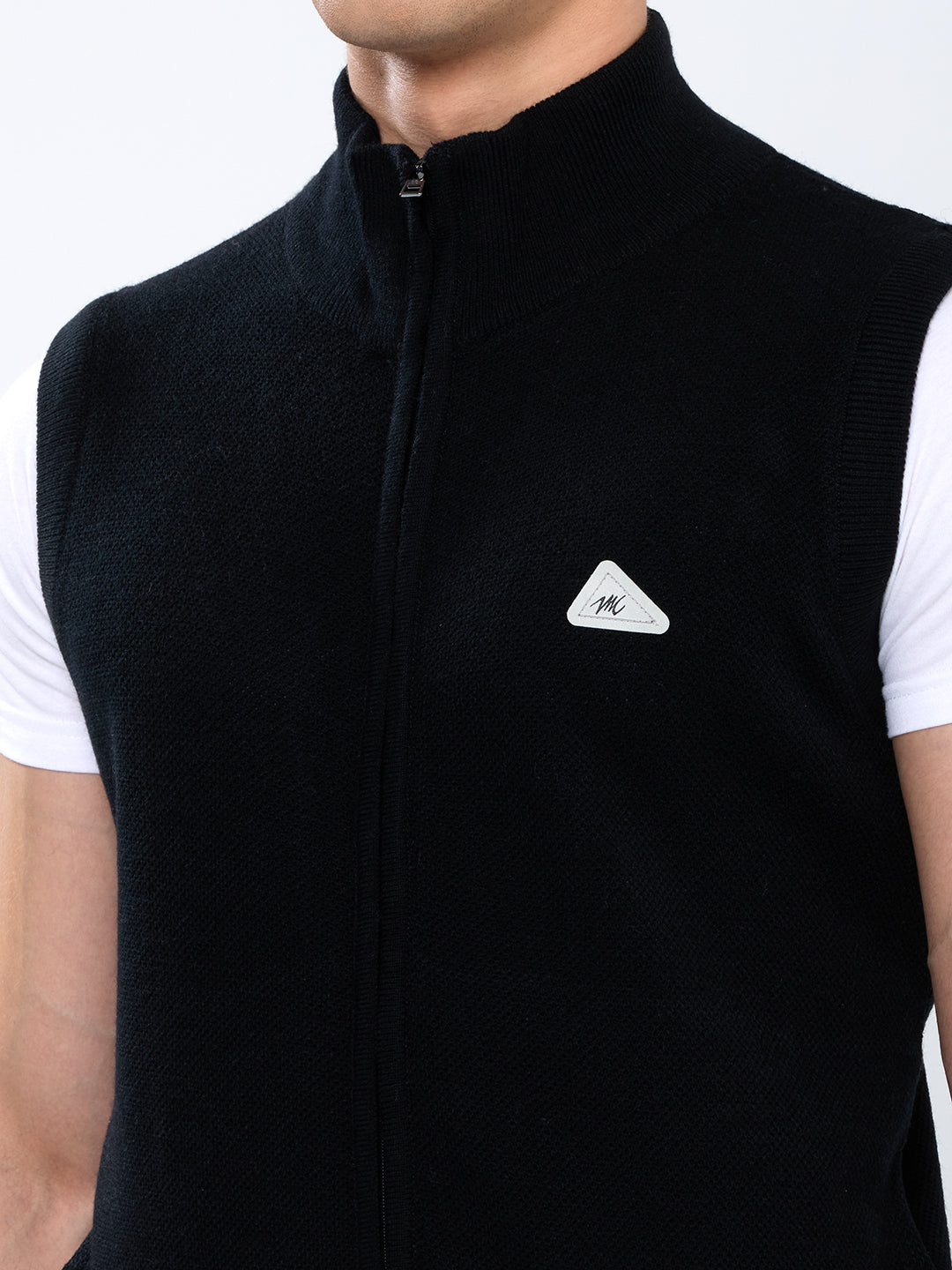 Men Black Solid Collar Sleeveless Sweater