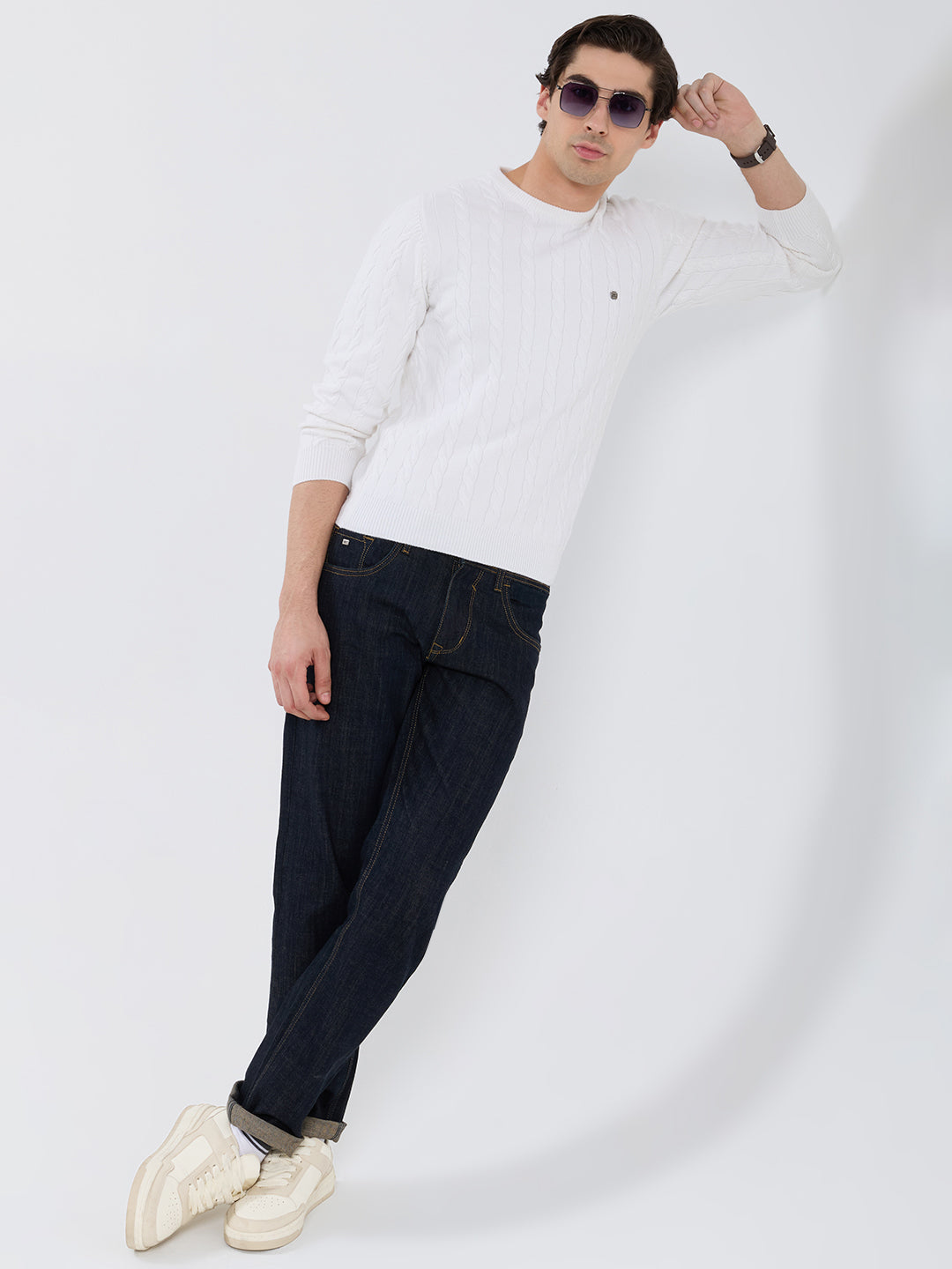 Men White Self Design Round Neck Full Sleeve Pullover