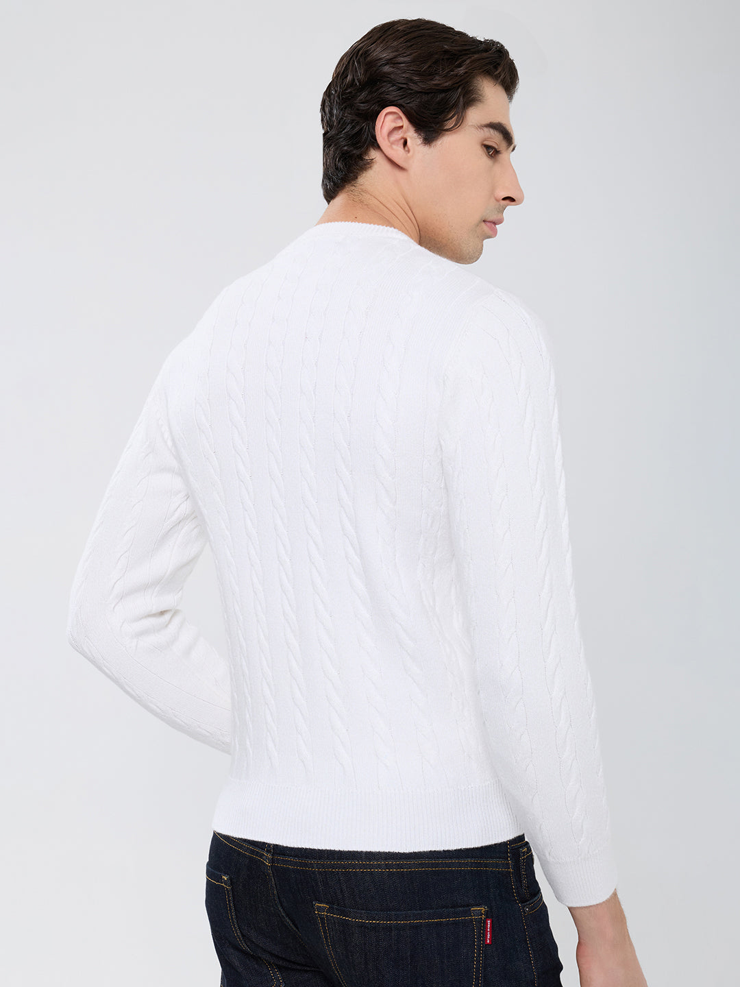 Men White Self Design Round Neck Full Sleeve Pullover