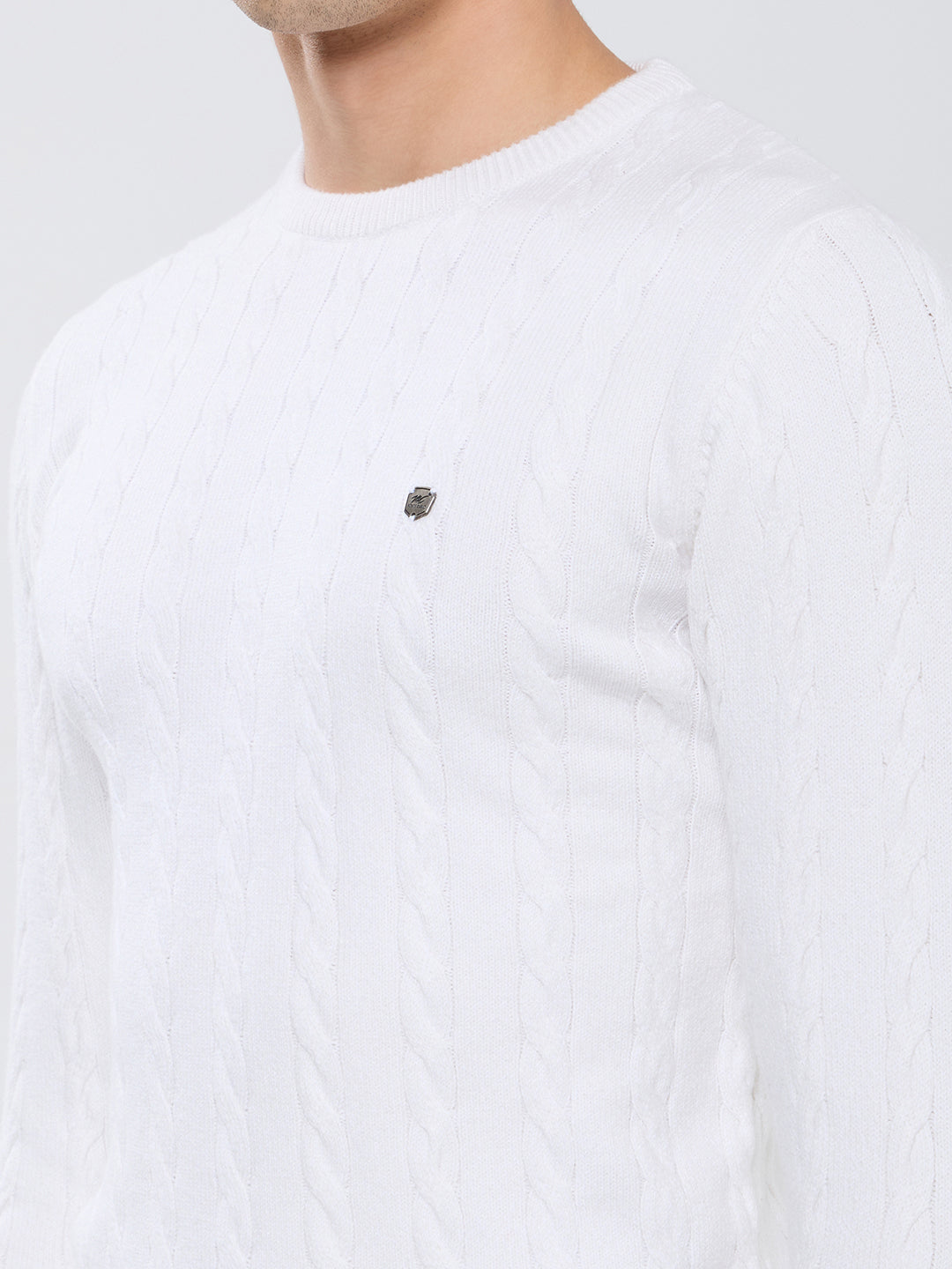 Men White Self Design Round Neck Full Sleeve Pullover