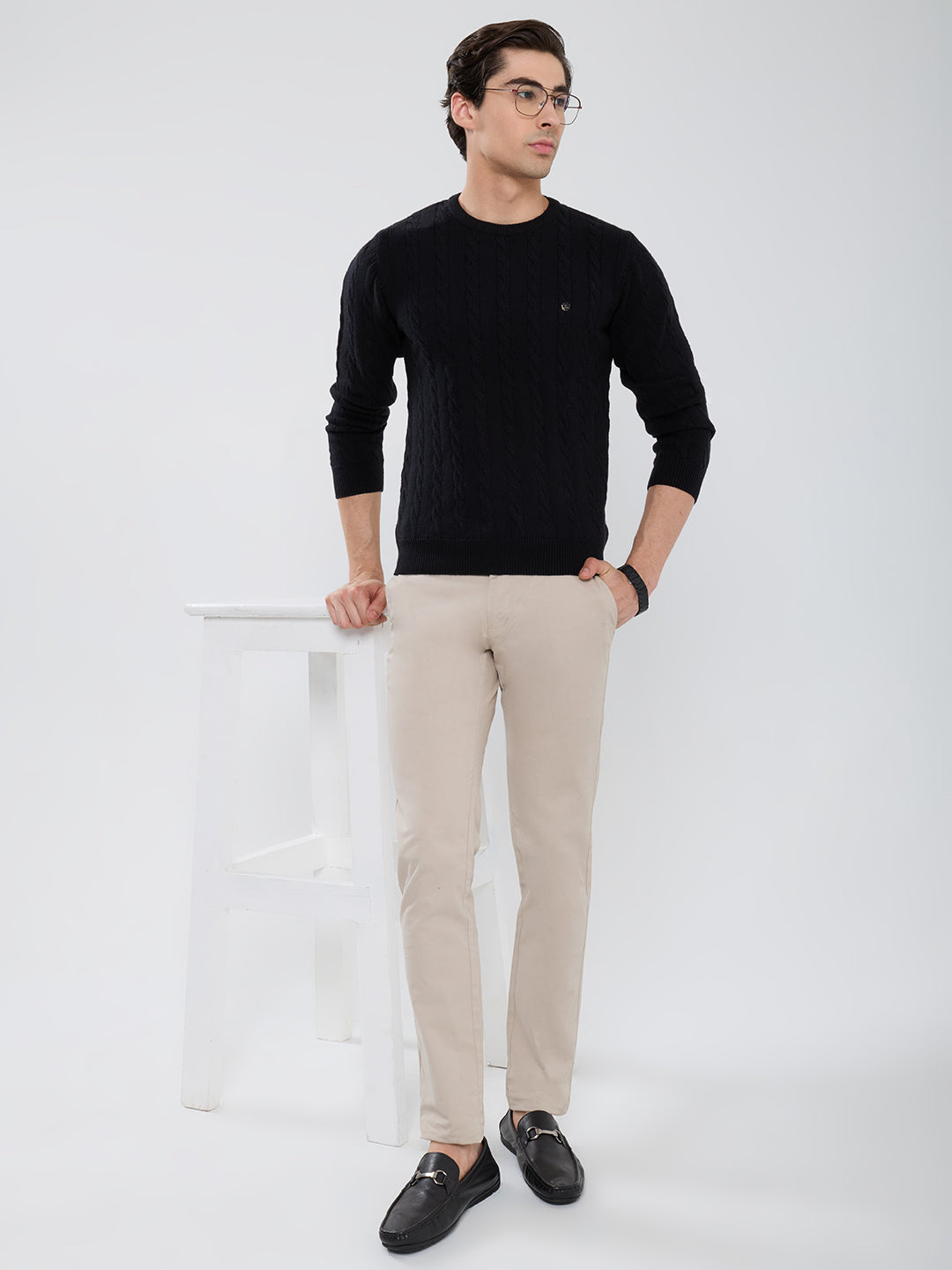 Men Black Self Design Round Neck Full Sleeve Pullover