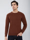 Men Camel Brown Self Design Round Neck Full Sleeve Pullover