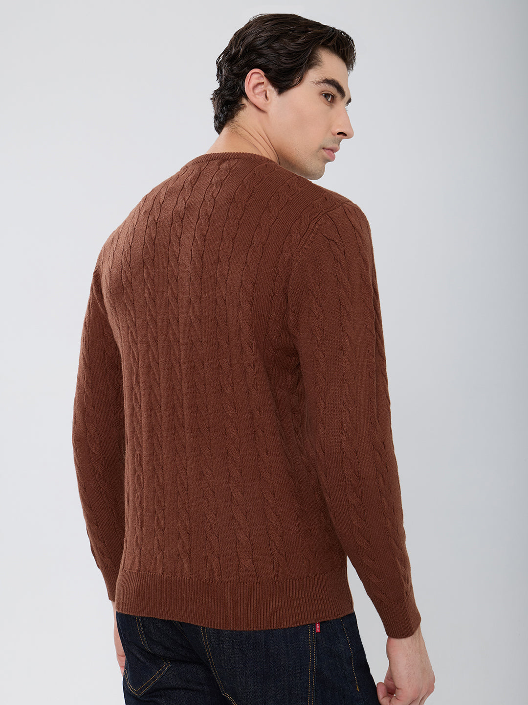 Men Camel Brown Self Design Round Neck Full Sleeve Pullover