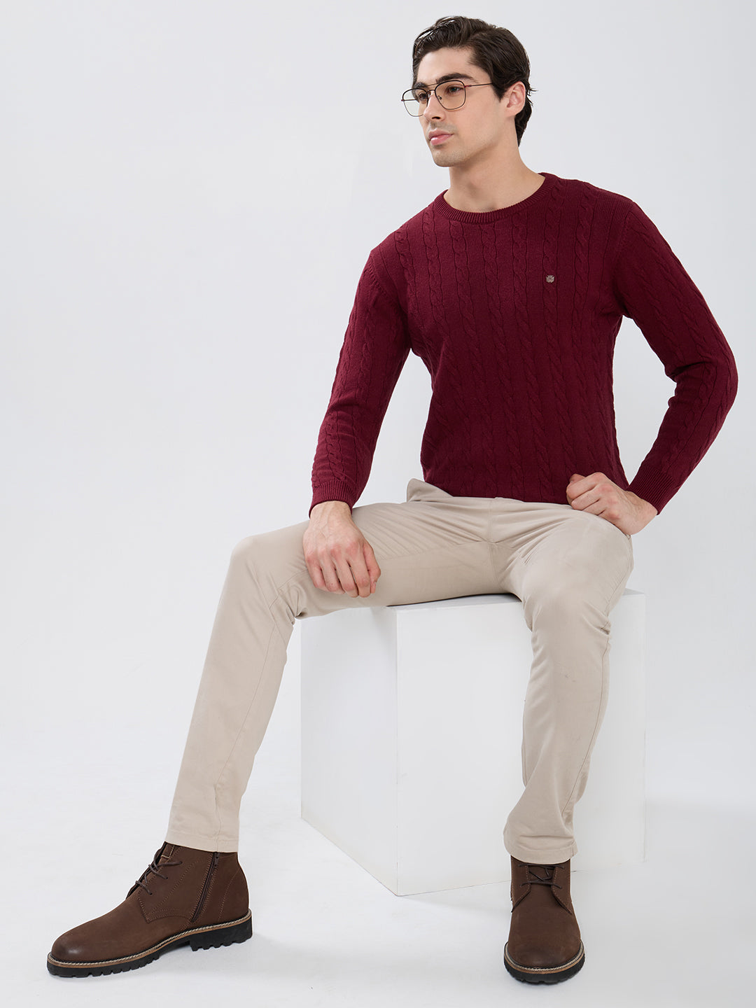 Men Maroon Self Design Round Neck Full Sleeve Pullover
