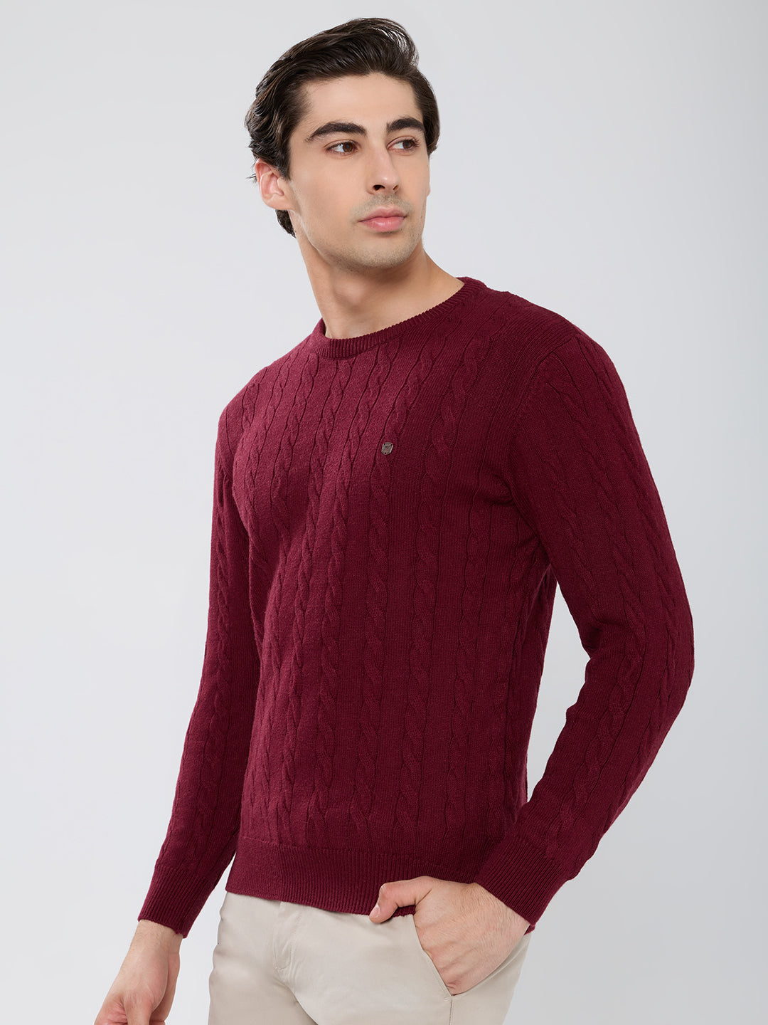 Men Maroon Self Design Round Neck Full Sleeve Pullover