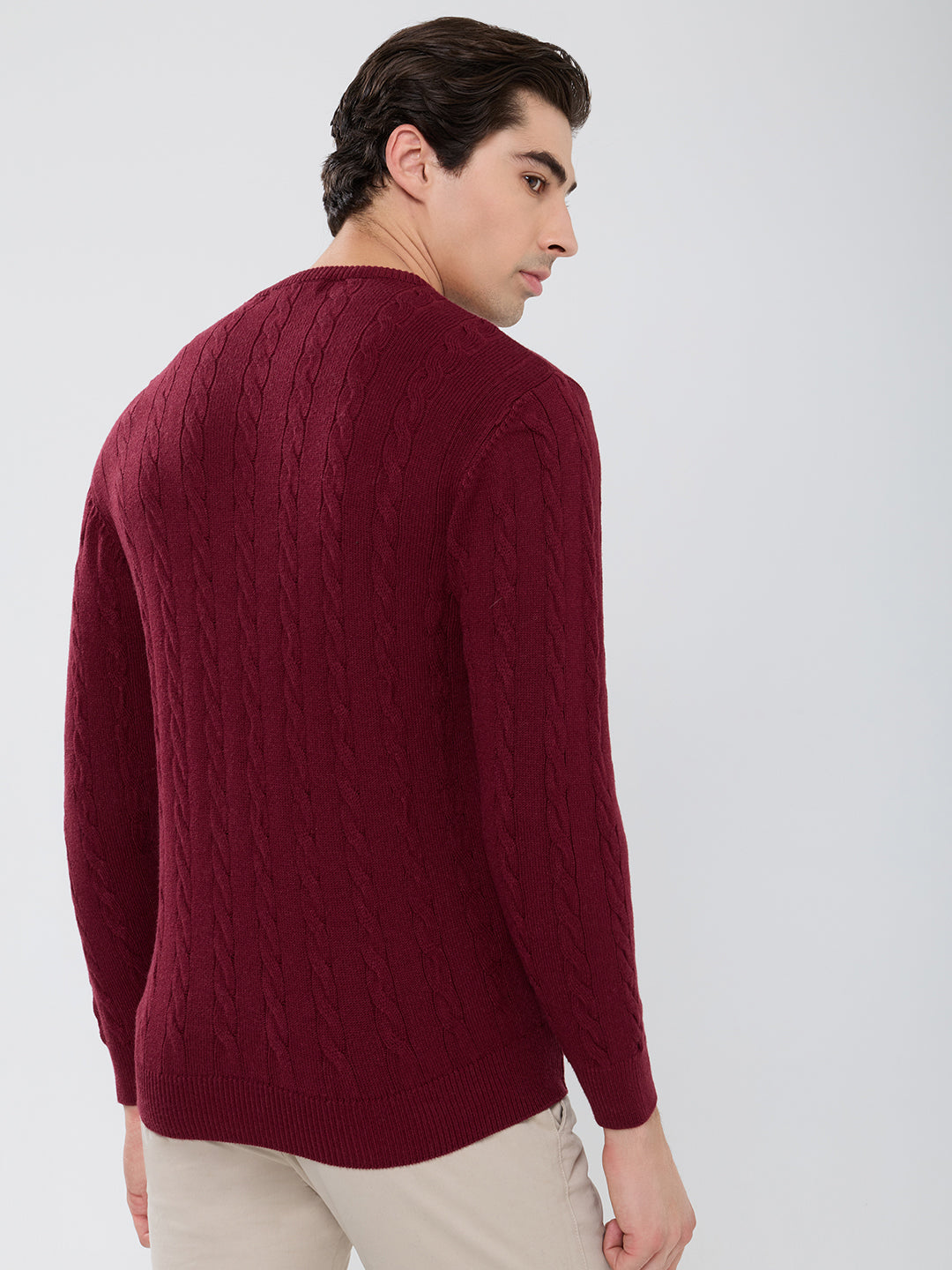 Men Maroon Self Design Round Neck Full Sleeve Pullover