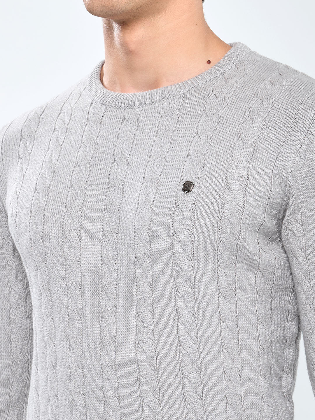 Men Grey Self Design Round Neck Full Sleeve Pullover