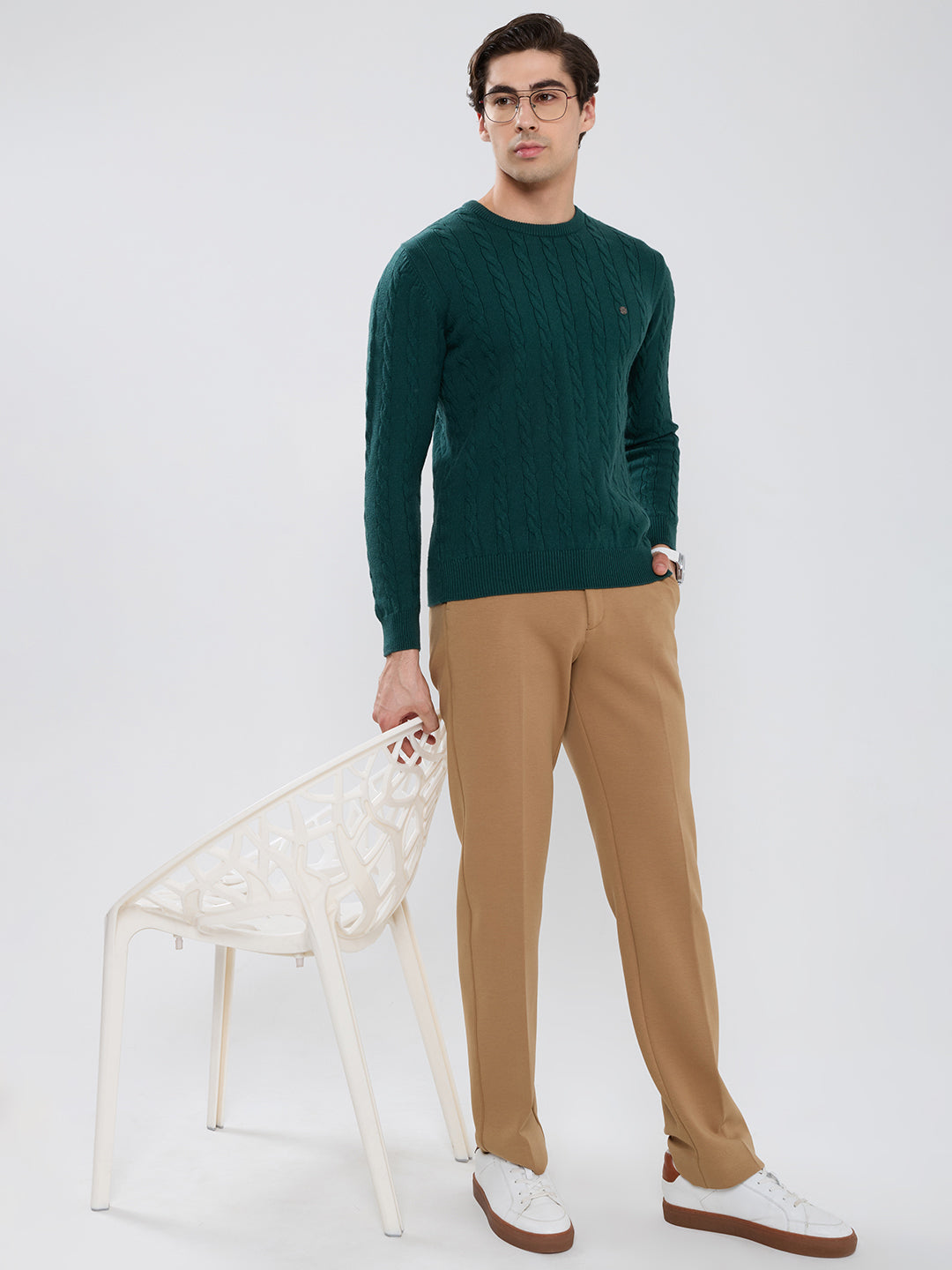 Men Green Self Design Round Neck Full Sleeve Pullover