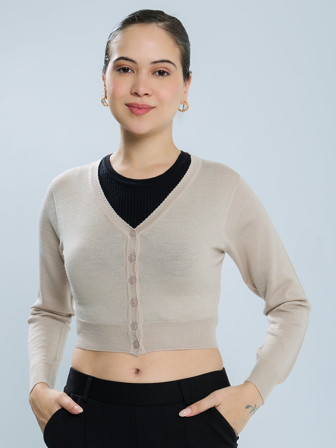 Women Beige Solid V Neck Full Sleeve Blouse