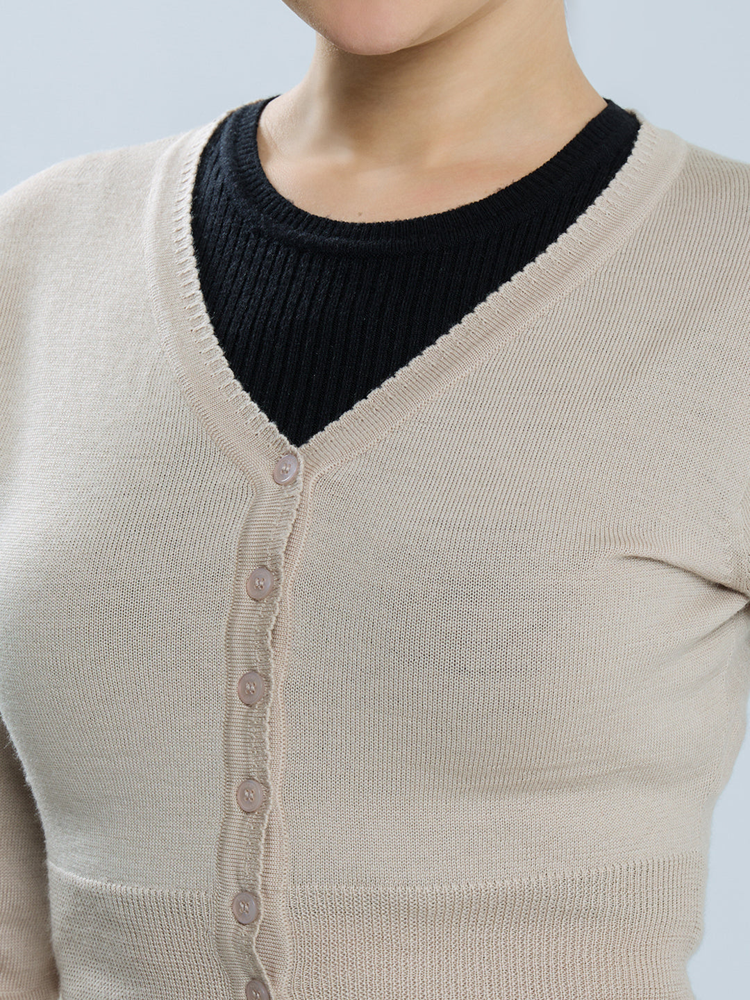 Women Beige Solid V Neck Full Sleeve Blouse