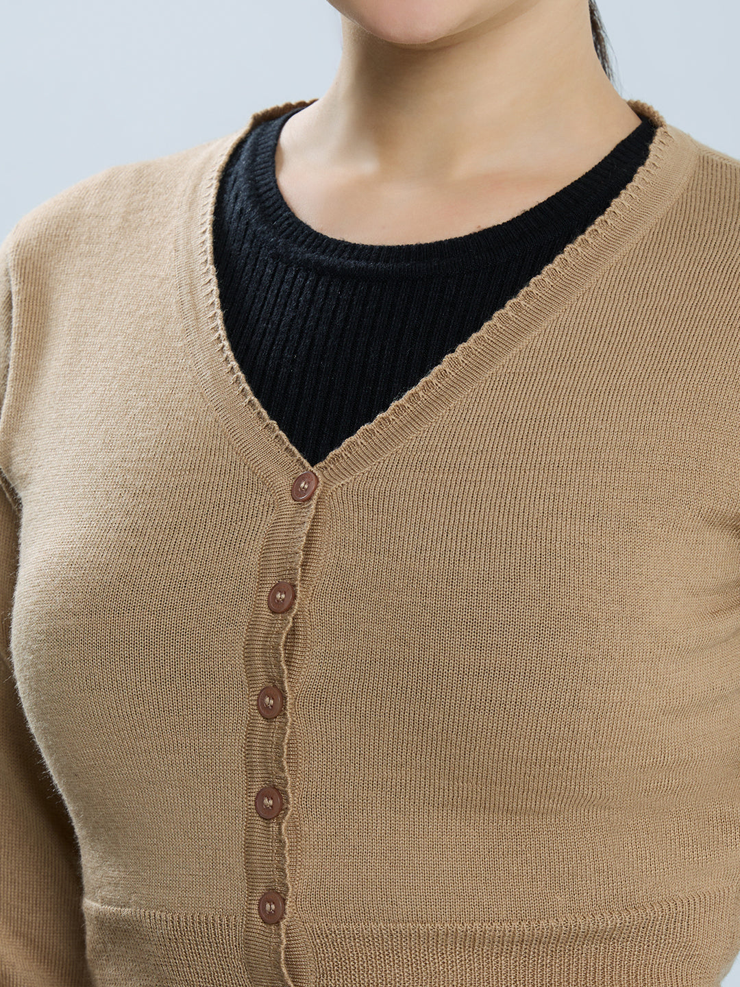 Women Camel Brown Solid V Neck Full Sleeve Blouse