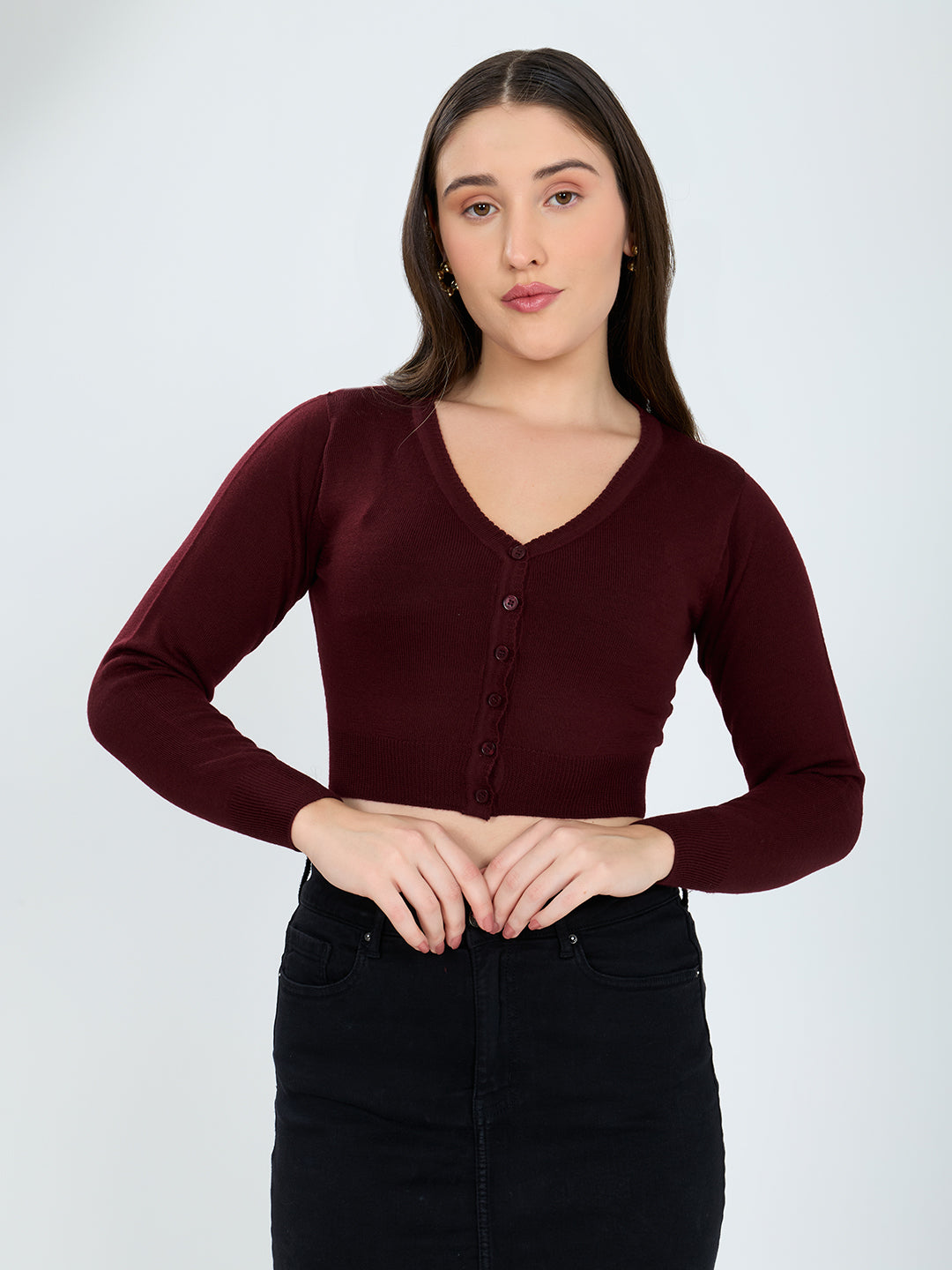 Women Maroon Solid Front Open Full Sleeve Blouse