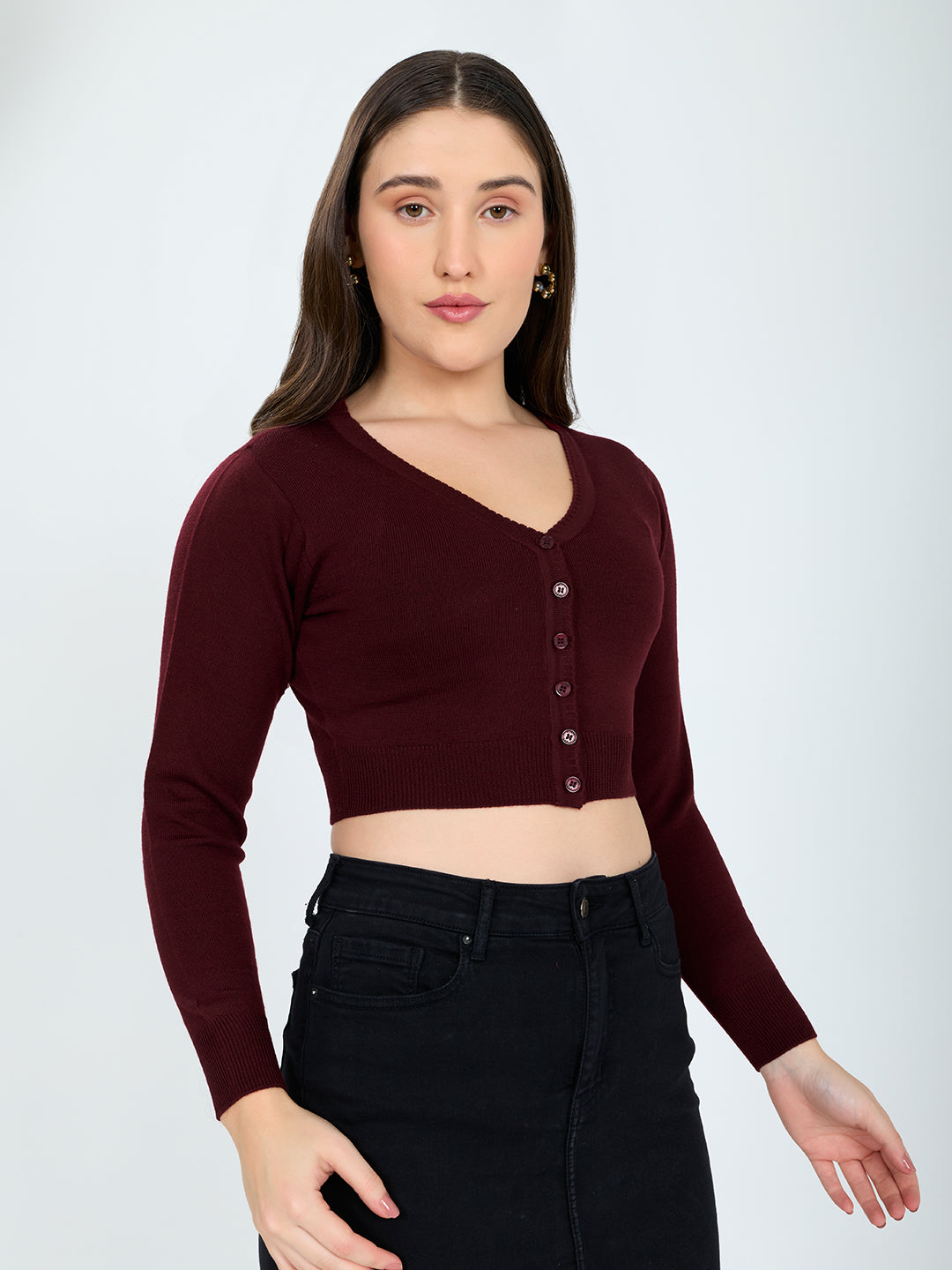 Women Maroon Solid Front Open Full Sleeve Blouse