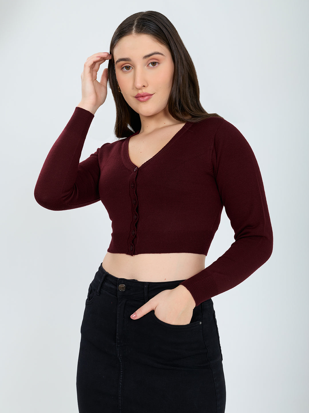 Women Maroon Solid Front Open Full Sleeve Blouse
