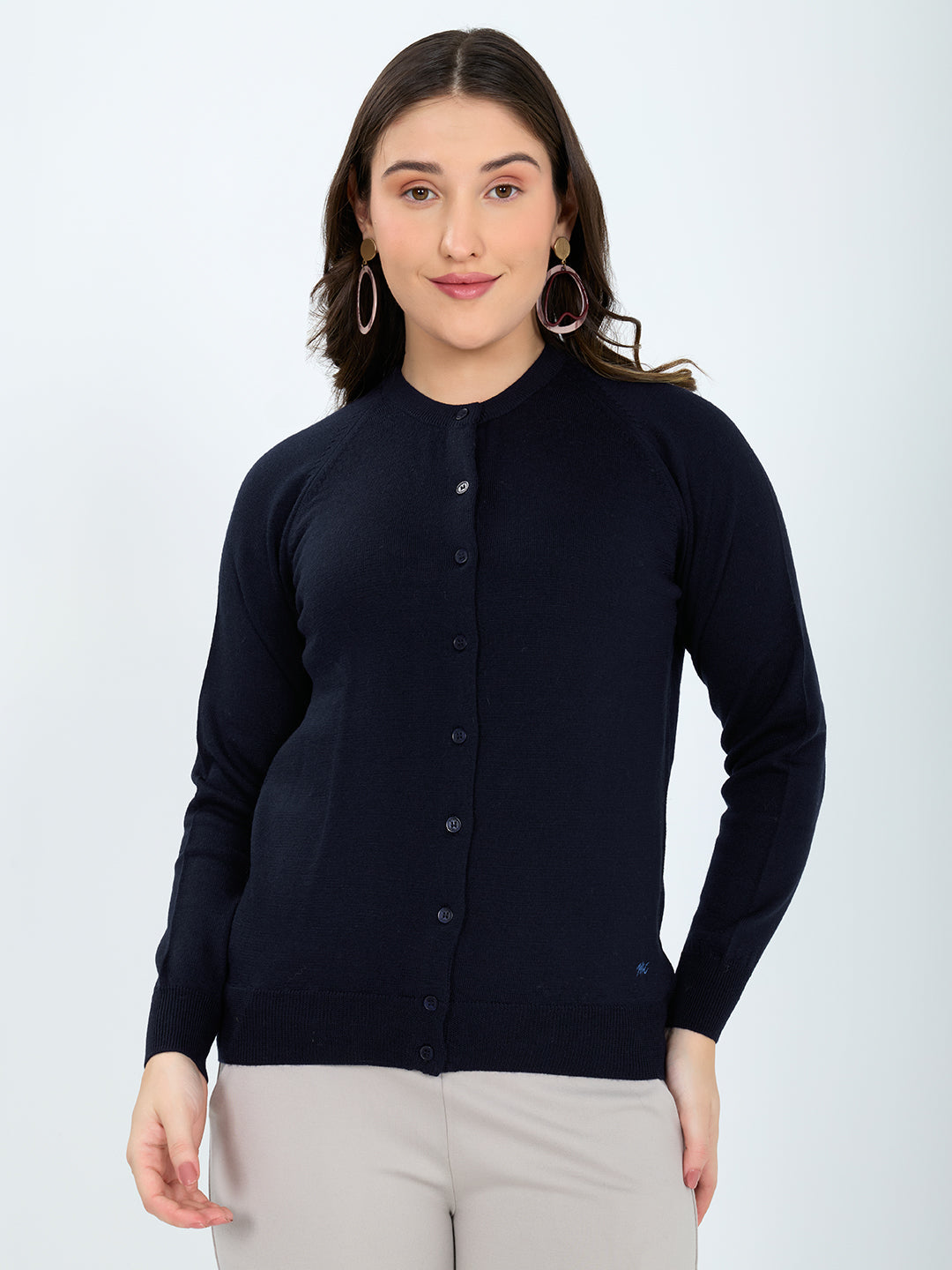 Women Navy Blue Solid Round Neck Full Sleeve Cardigan