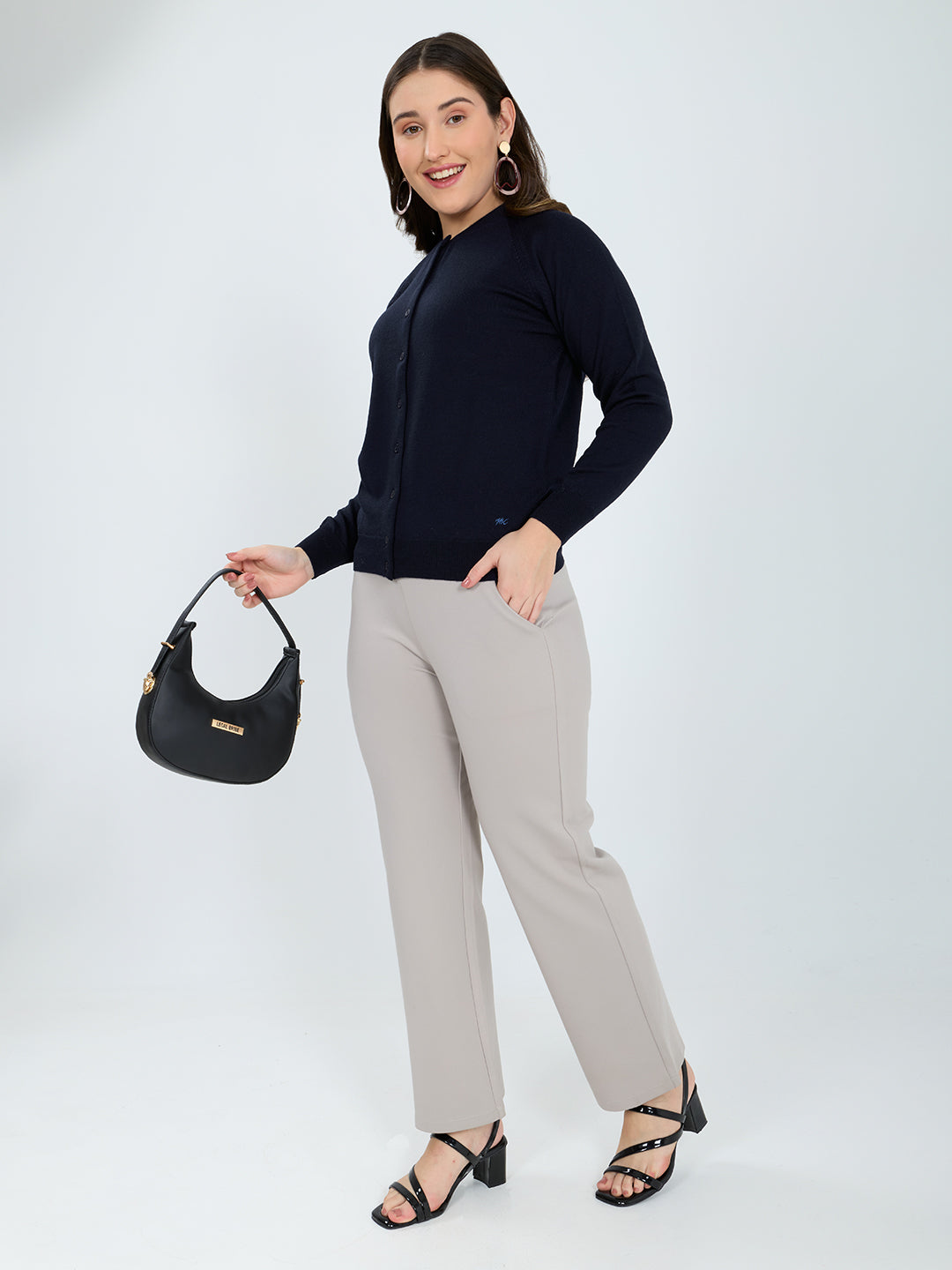 Women Navy Blue Solid Round Neck Full Sleeve Cardigan