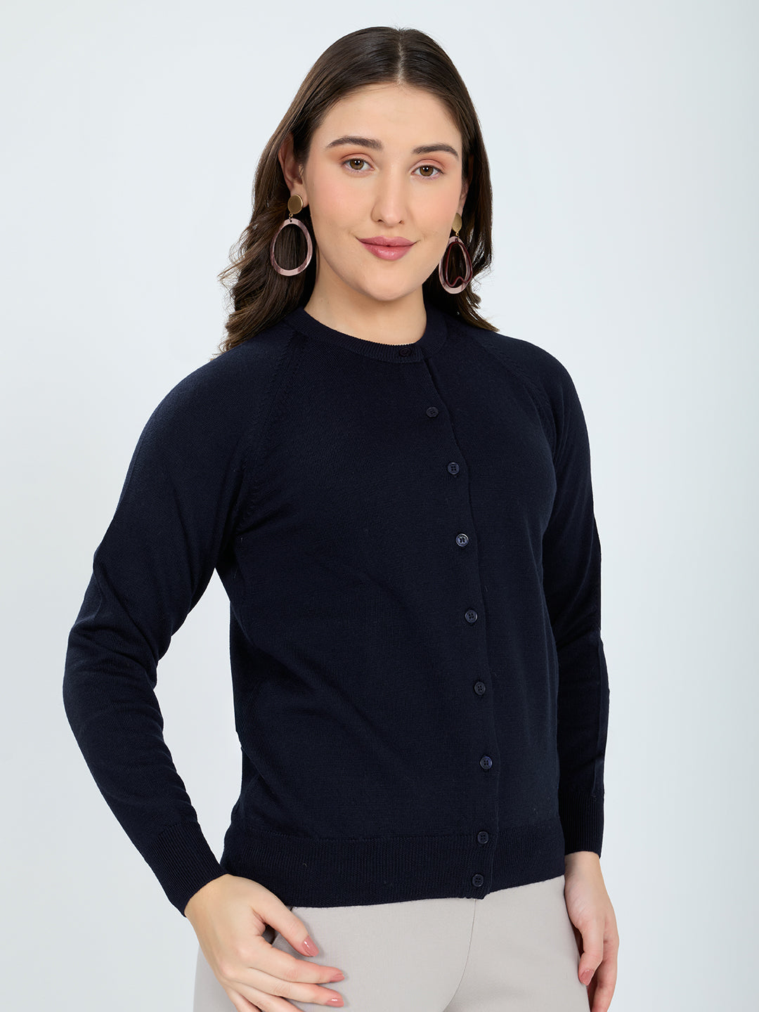 Women Navy Blue Solid Round Neck Full Sleeve Cardigan