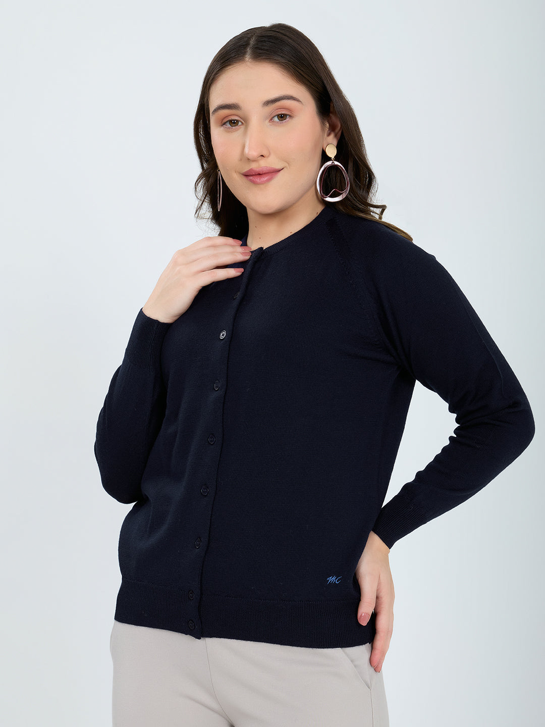 Women Navy Blue Solid Round Neck Full Sleeve Cardigan