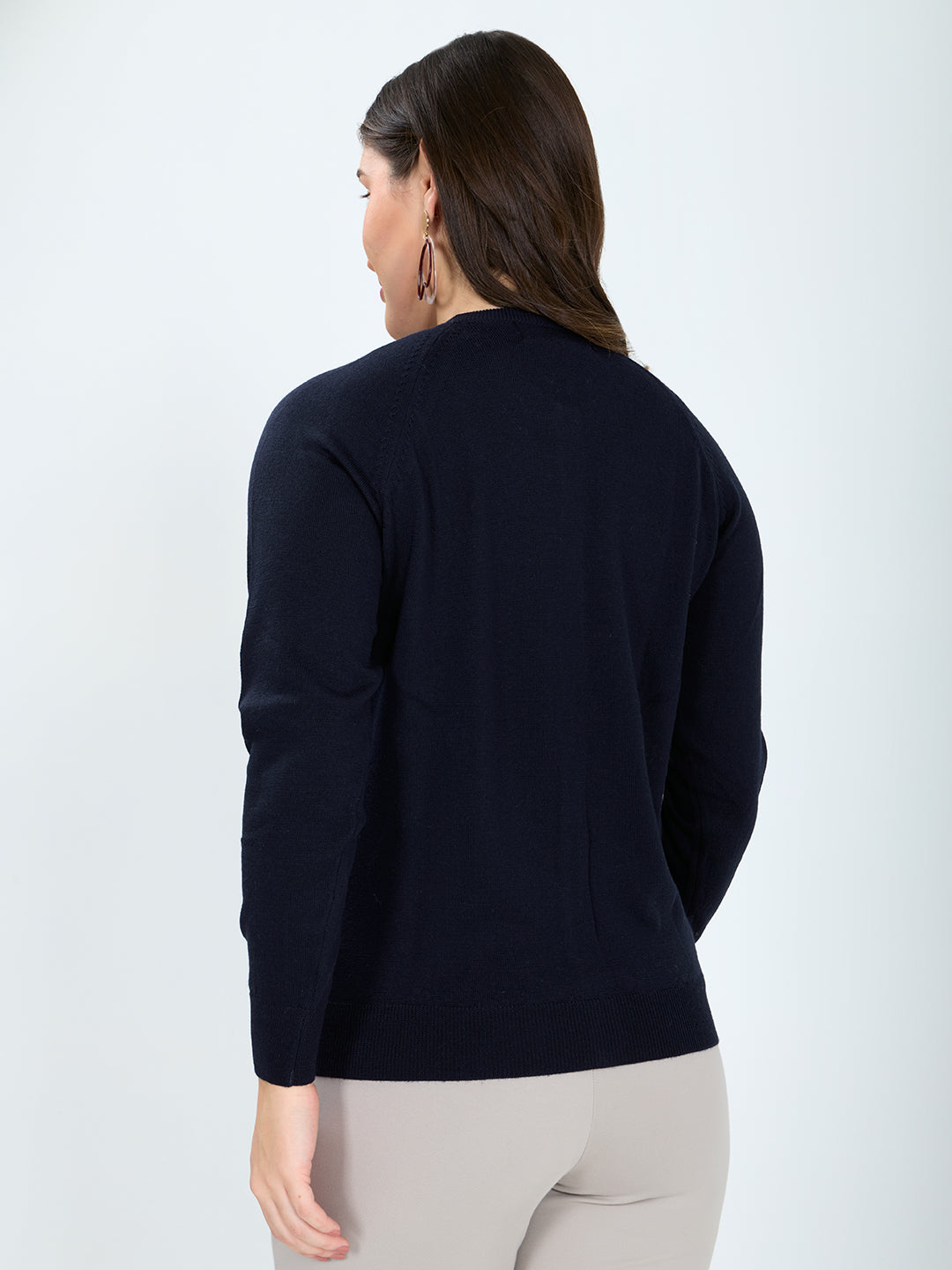 Women Navy Blue Solid Round Neck Full Sleeve Cardigan