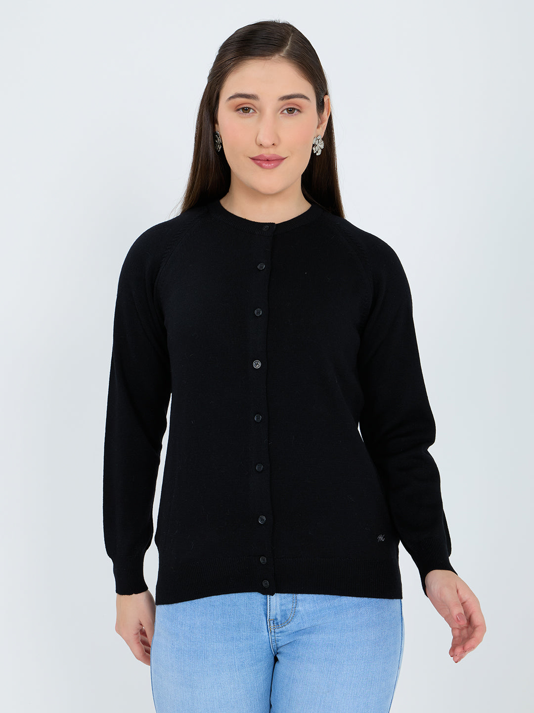 Women Black Solid Round Neck Full Sleeve Cardigan