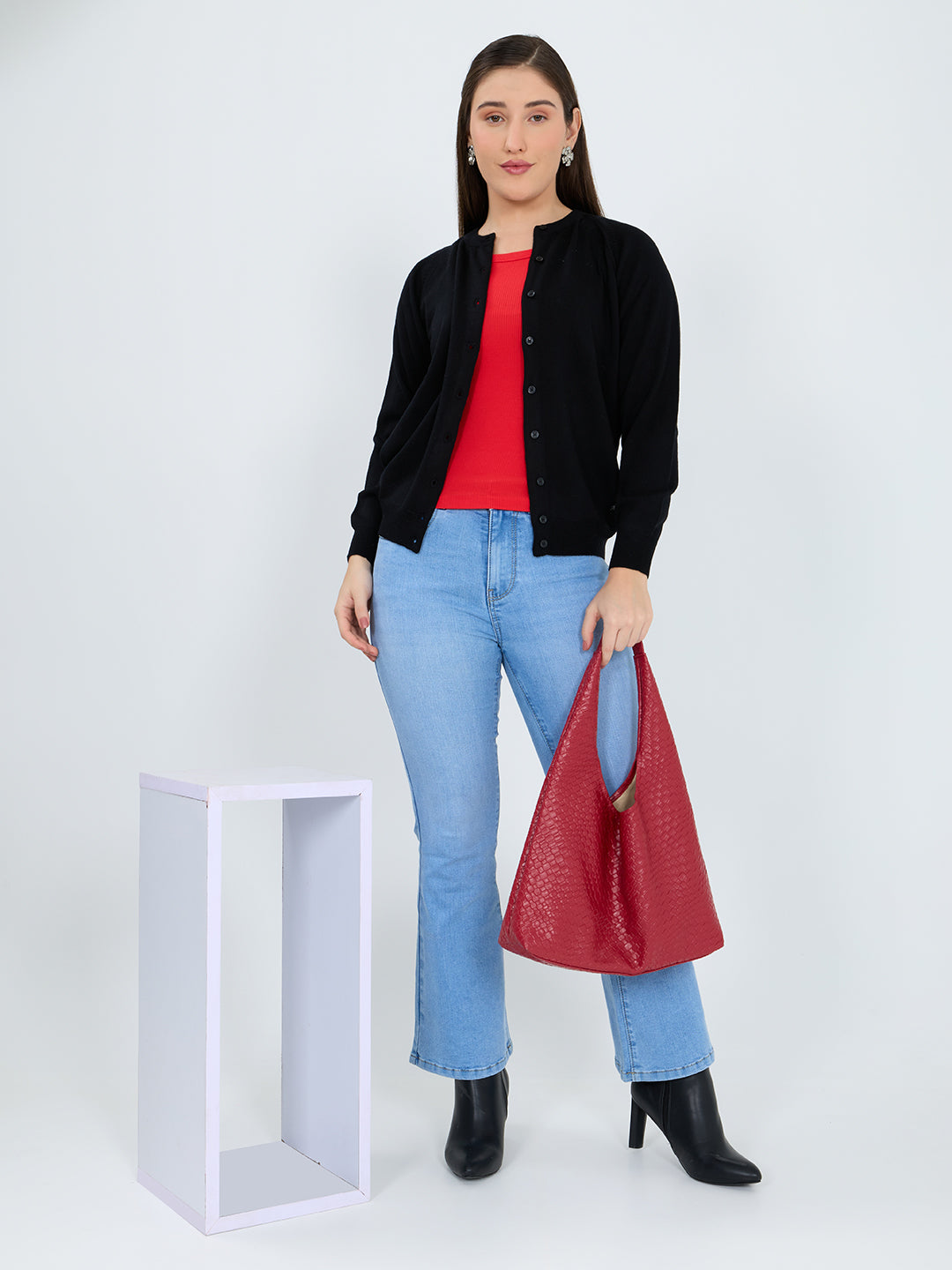 Women Black Solid Round Neck Full Sleeve Cardigan