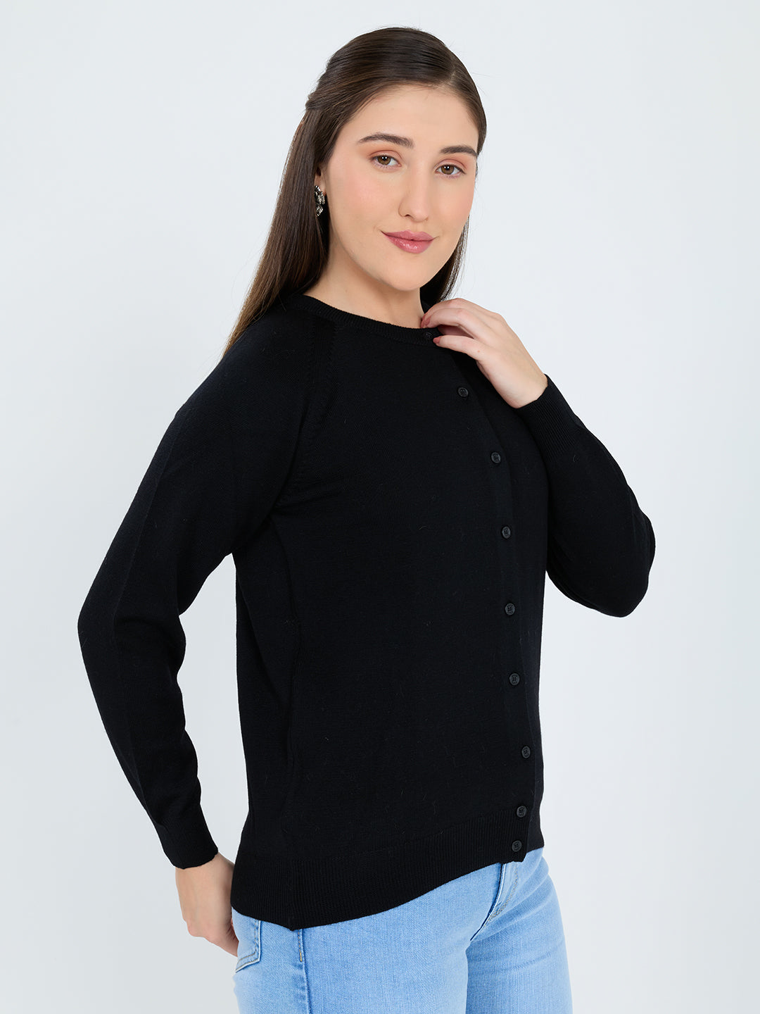 Women Black Solid Round Neck Full Sleeve Cardigan