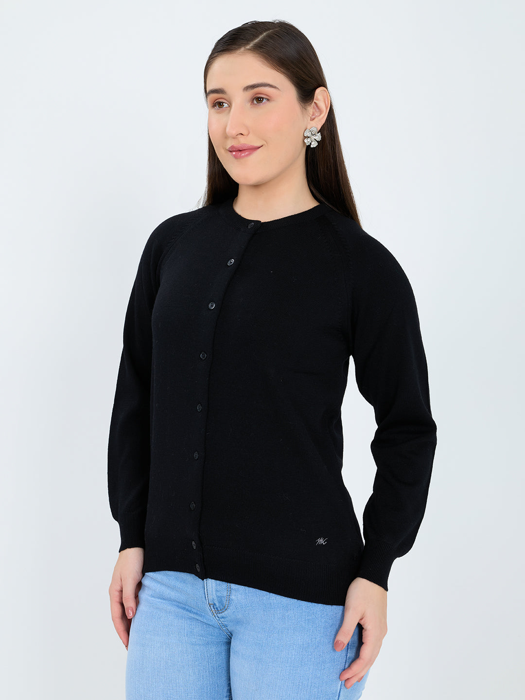 Women Black Solid Round Neck Full Sleeve Cardigan