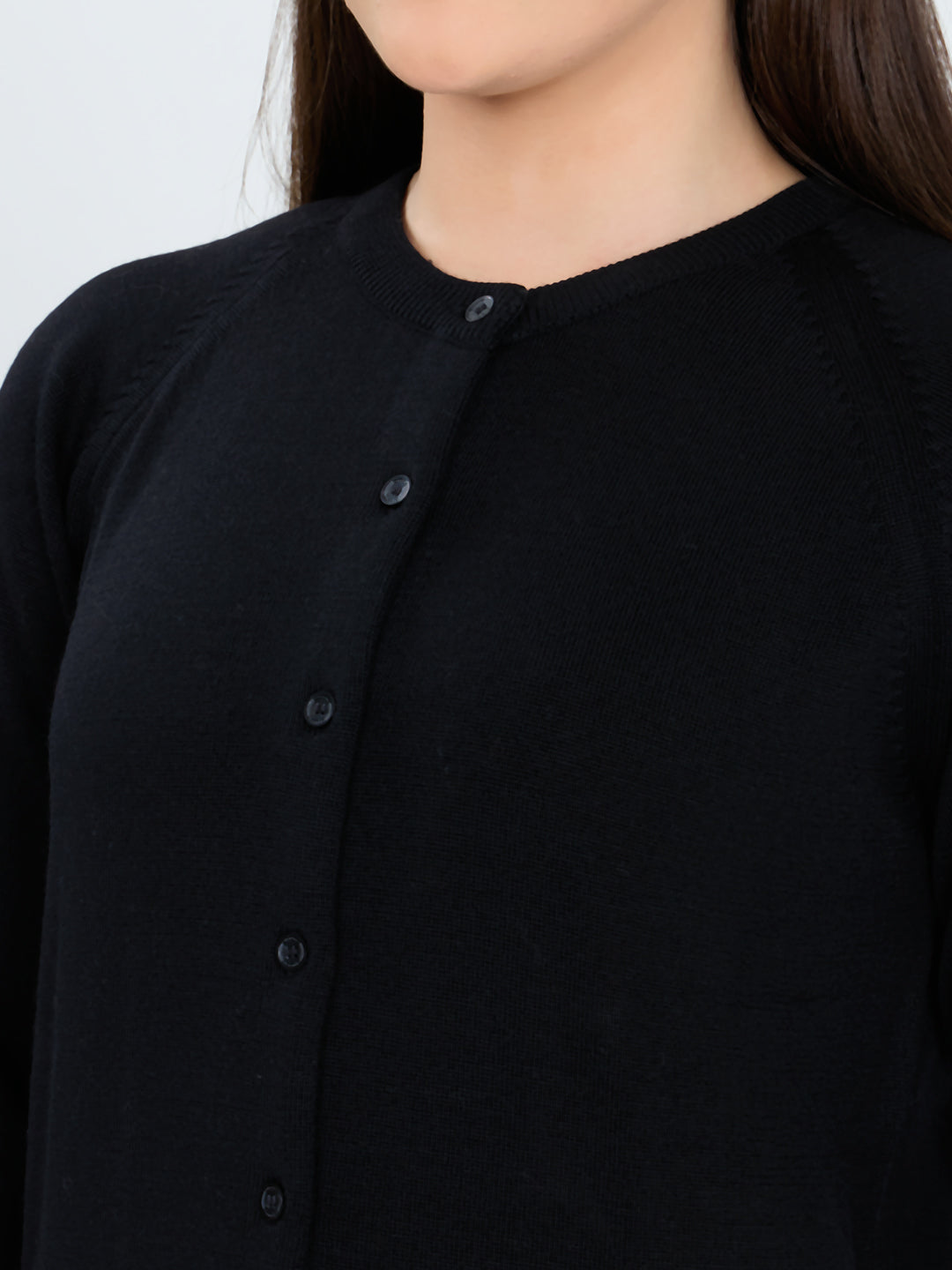 Women Black Solid Round Neck Full Sleeve Cardigan