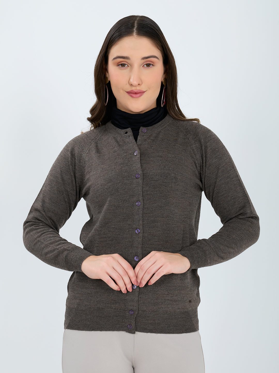 Women Grey Solid Round Neck Full Sleeve Cardigan