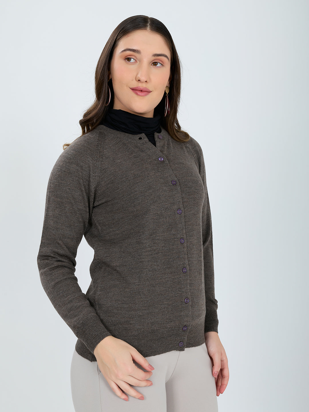 Women Grey Solid Round Neck Full Sleeve Cardigan