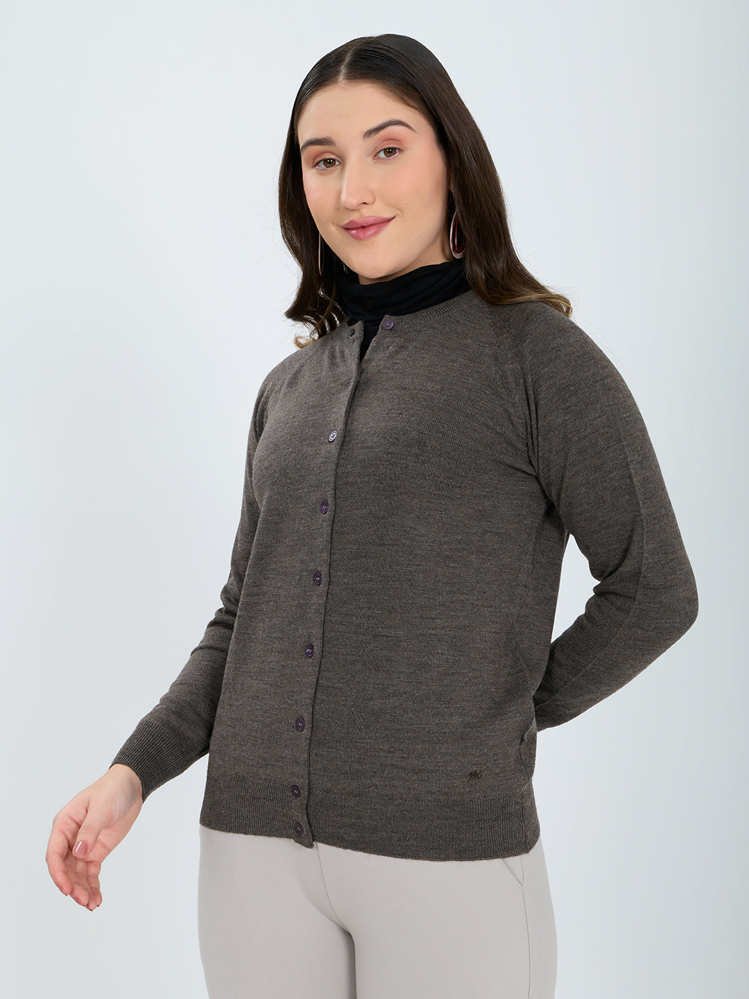 Women Grey Solid Round Neck Full Sleeve Cardigan
