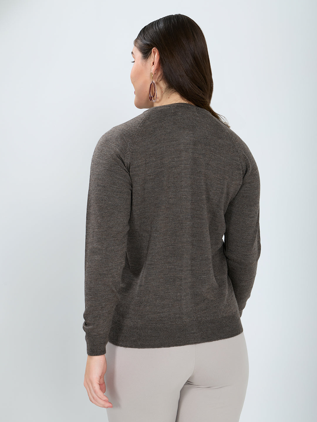Women Grey Solid Round Neck Full Sleeve Cardigan