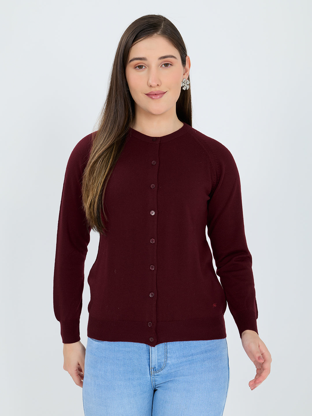 Women Maroon Solid Round Neck Full Sleeve Cardigan
