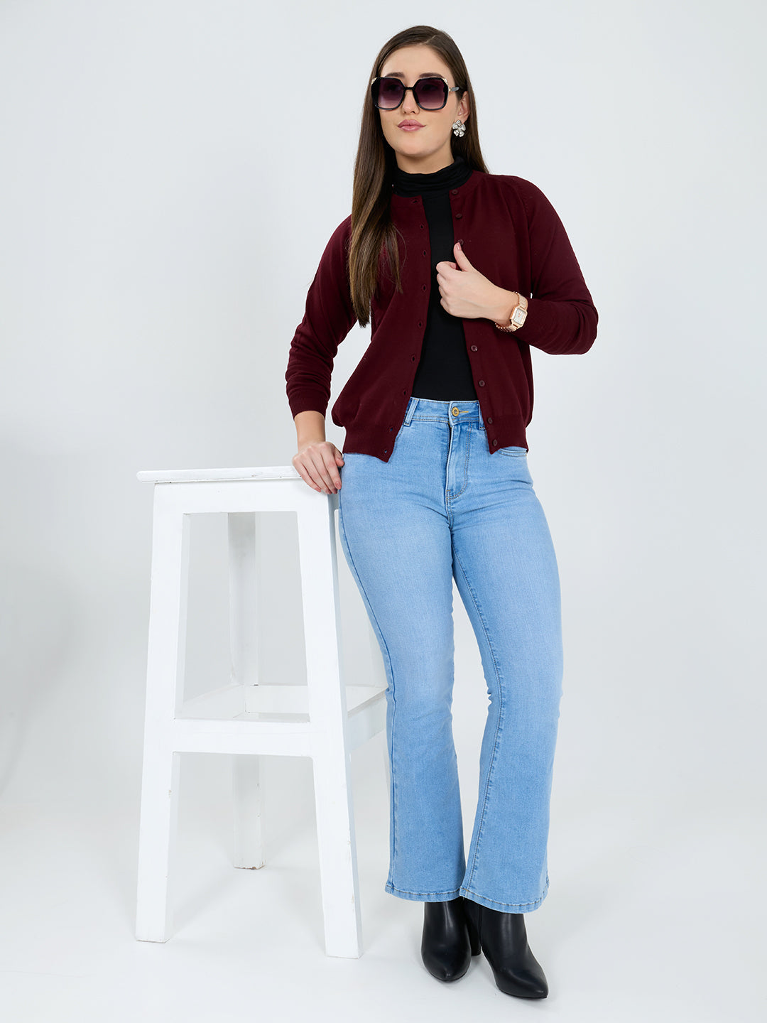 Women Maroon Solid Round Neck Full Sleeve Cardigan