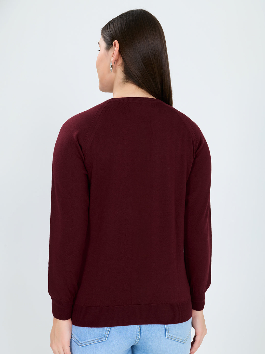 Women Maroon Solid Round Neck Full Sleeve Cardigan