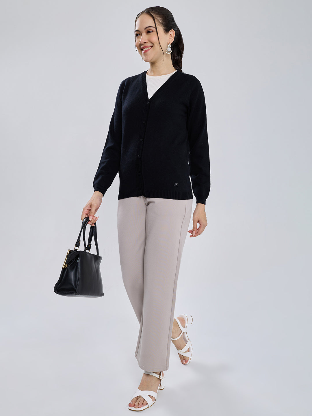 Women Black Solid V Neck Full Sleeve Cardigan