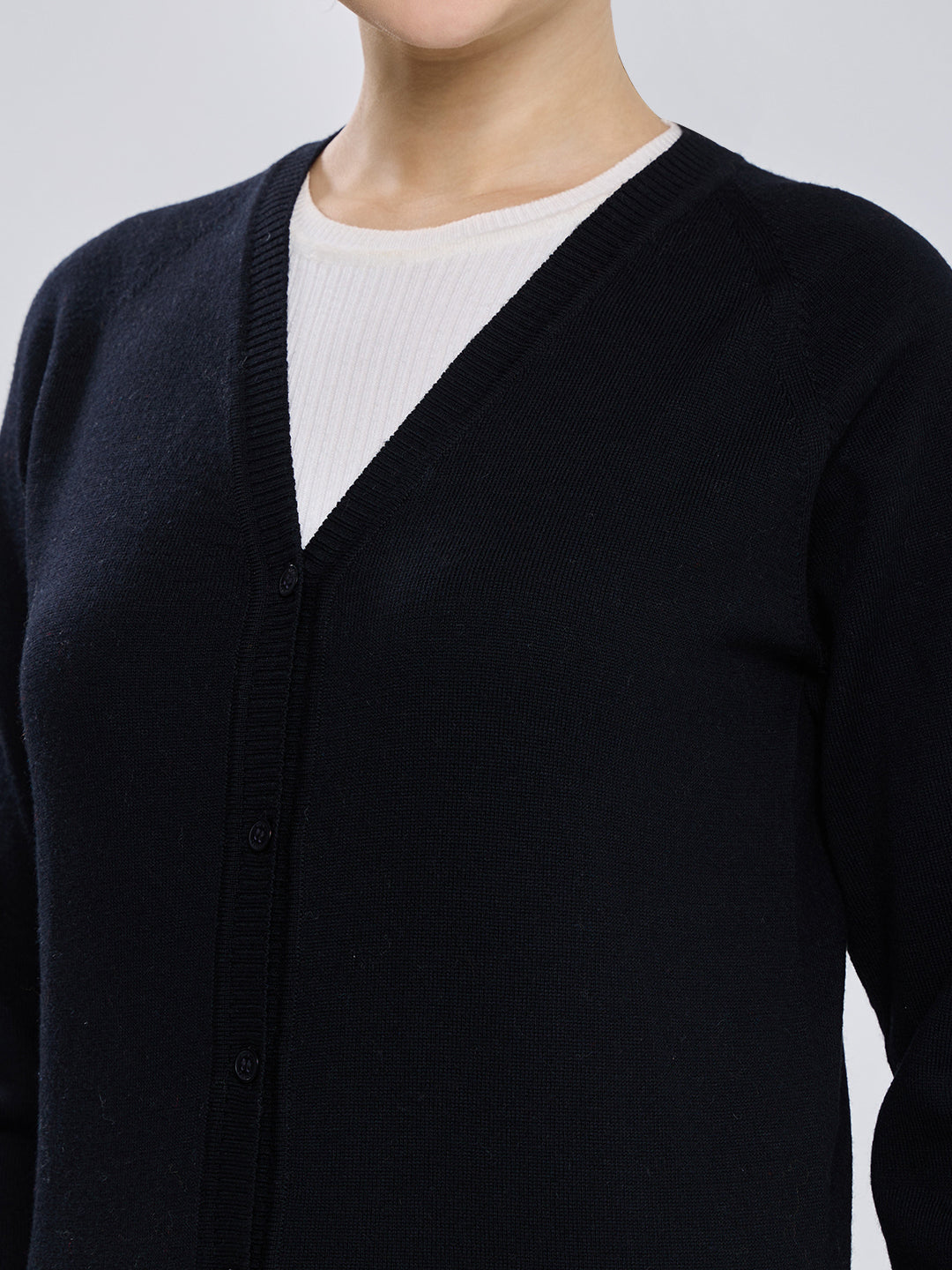 Women Black Solid V Neck Full Sleeve Cardigan