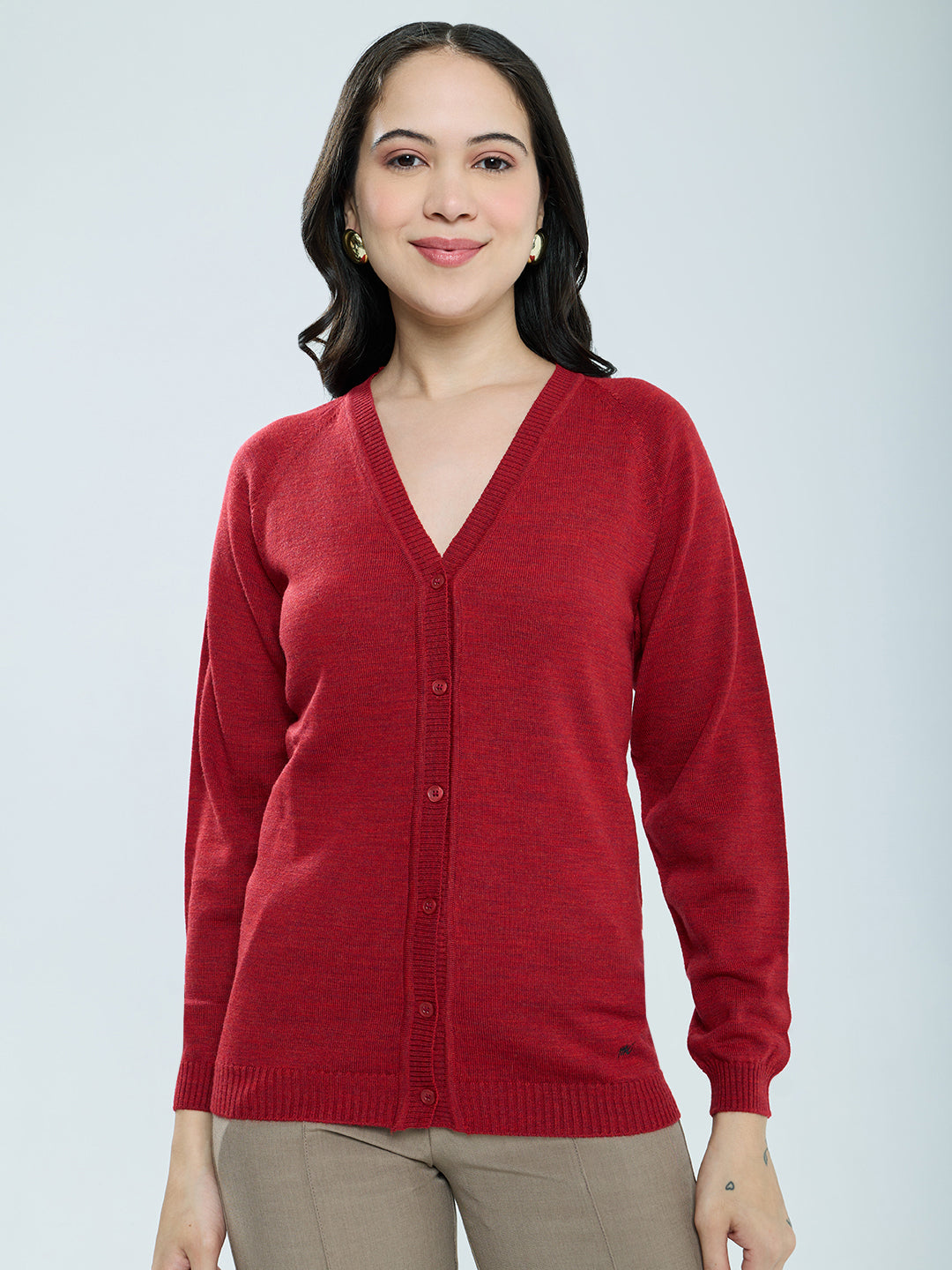 Women Maroon Solid V Neck Full Sleeve Cardigan