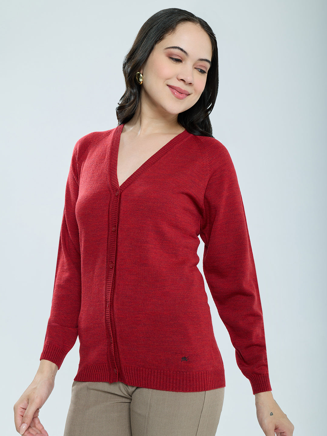 Women Maroon Solid V Neck Full Sleeve Cardigan