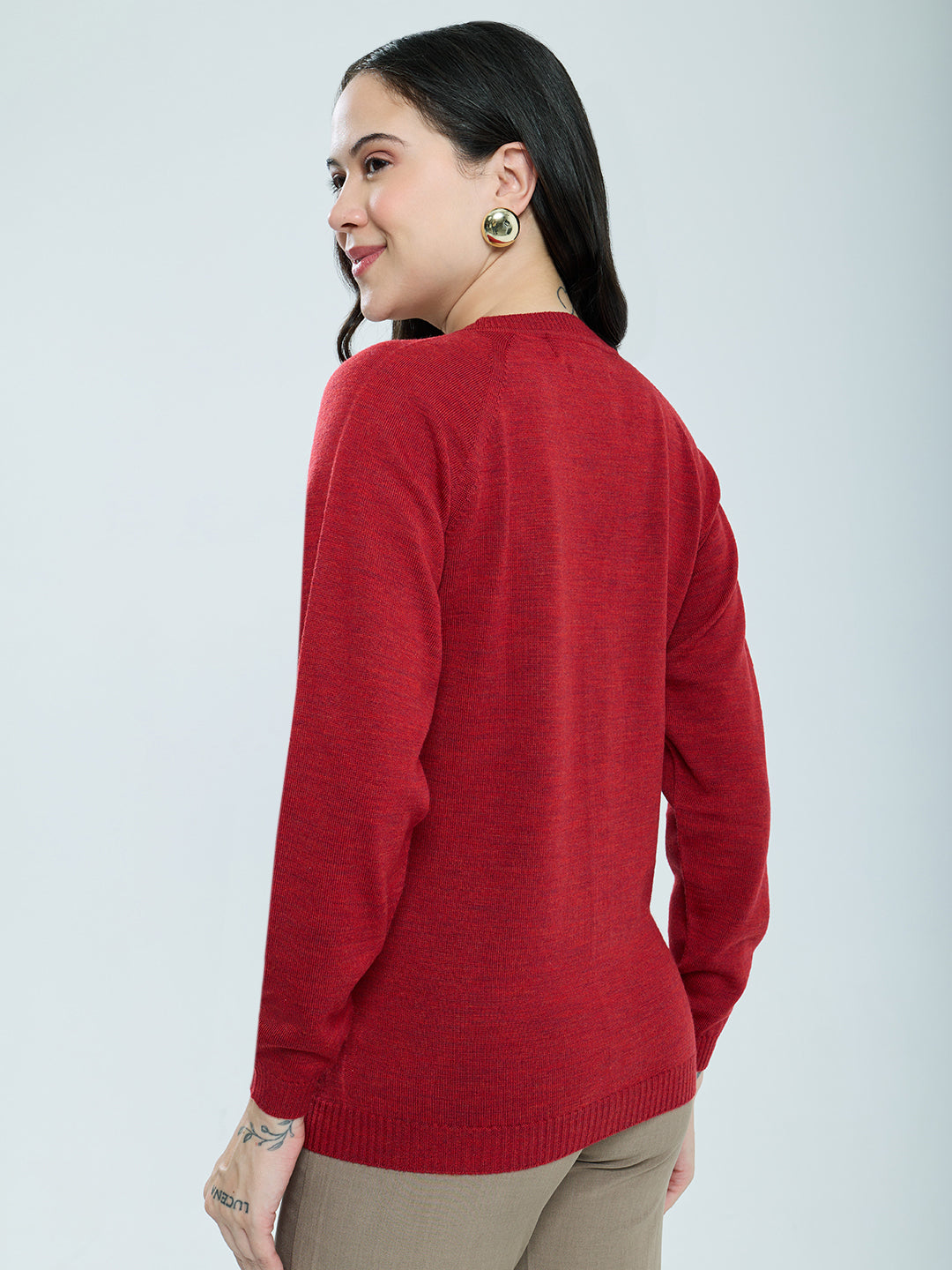 Women Maroon Solid V Neck Full Sleeve Cardigan