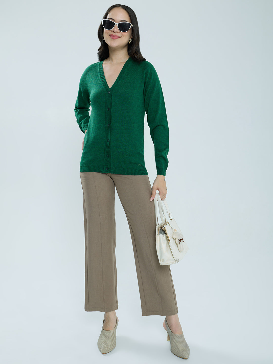 Women Green Solid V Neck Full Sleeve Cardigan