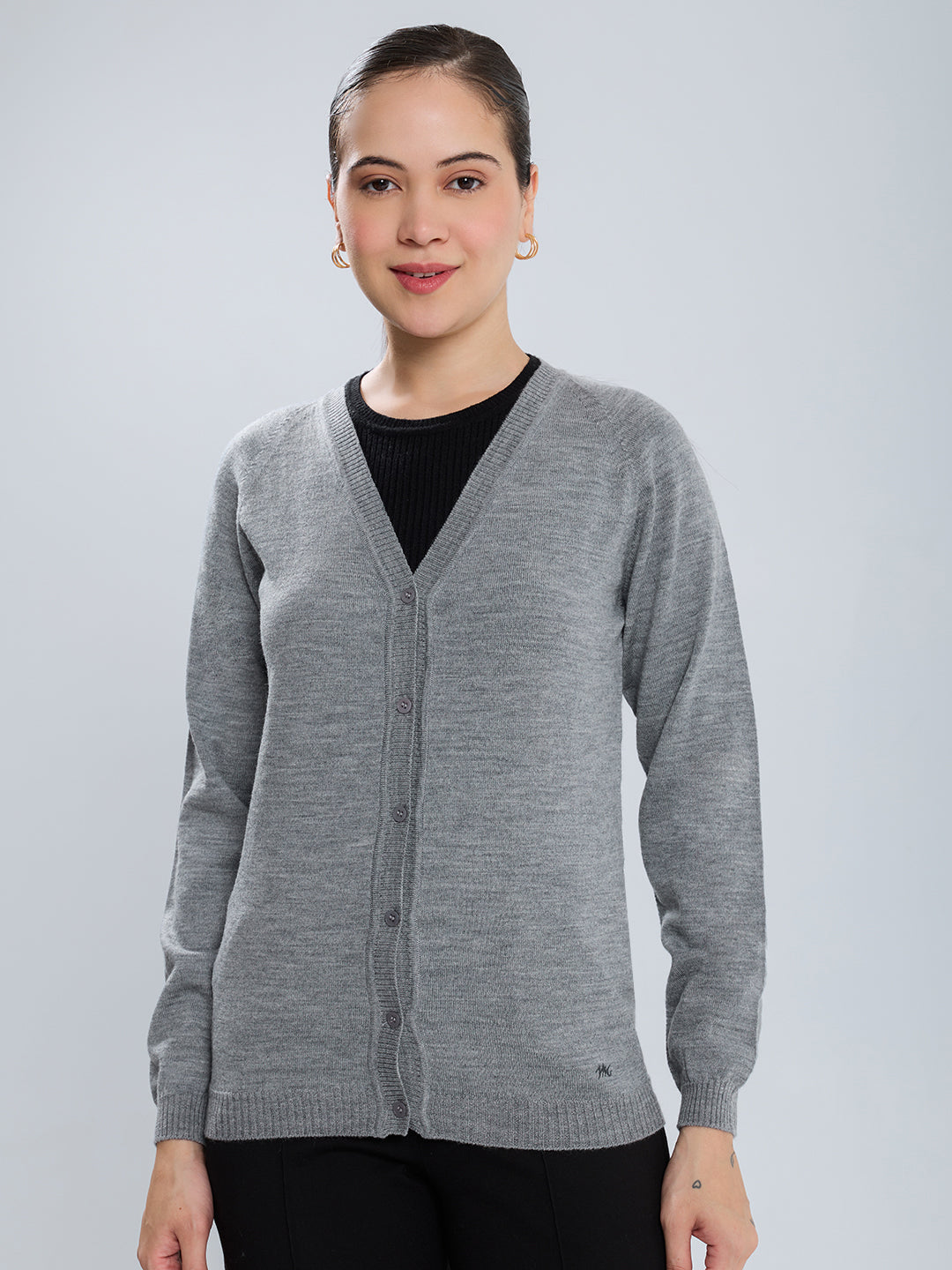 Women Grey Solid V Neck Full Sleeve Cardigan
