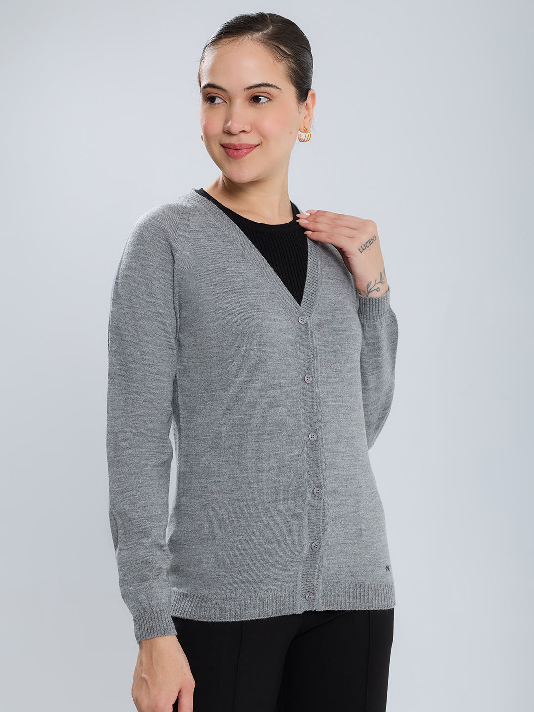 Women Grey Solid V Neck Full Sleeve Cardigan