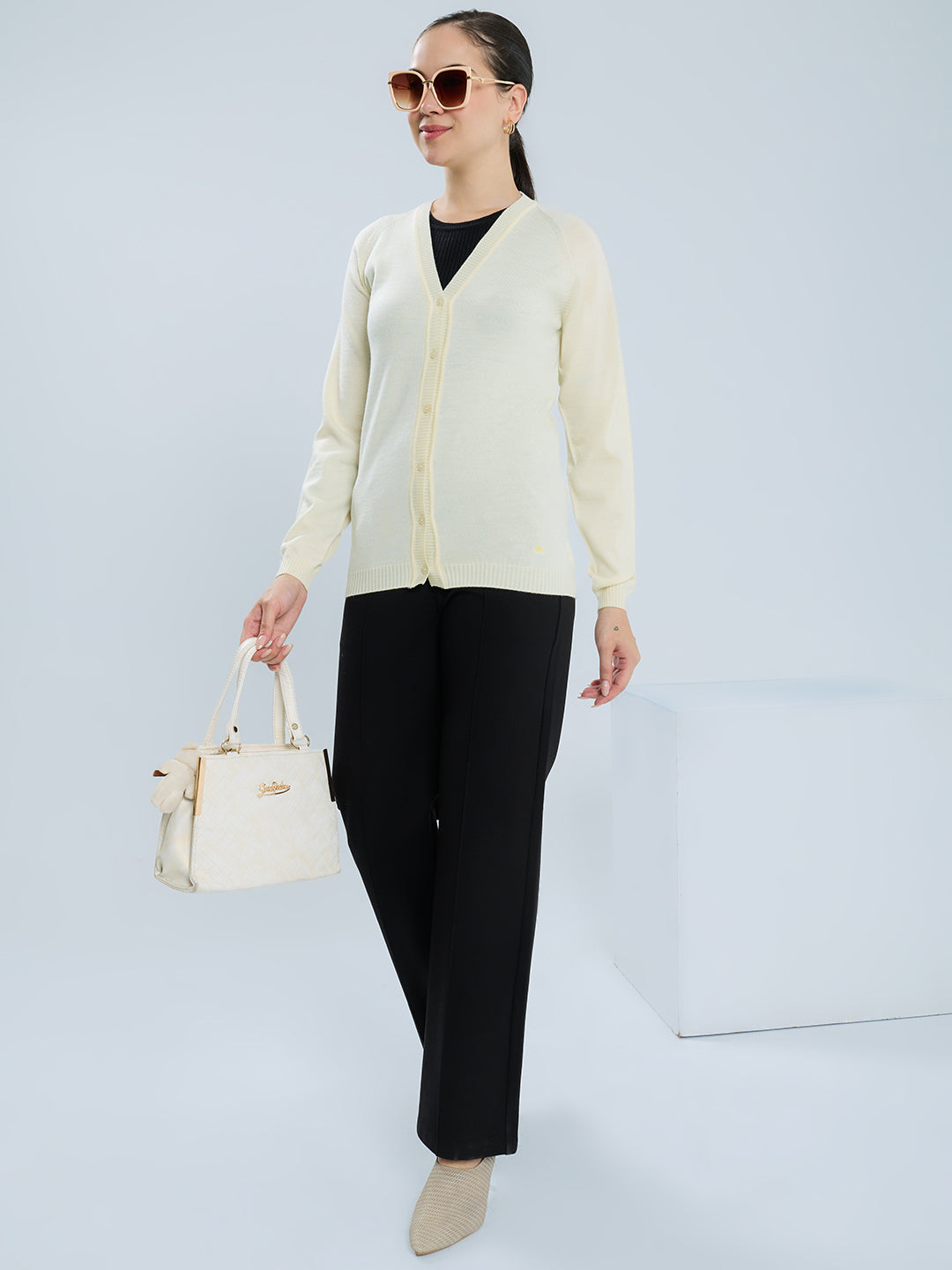 Women Cream Solid V Neck Full Sleeve Cardigan